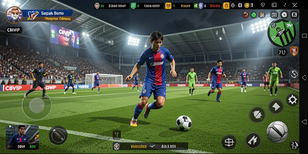 Tampilan gameplay C8VIP dengan aksi sepak bola yang seru.