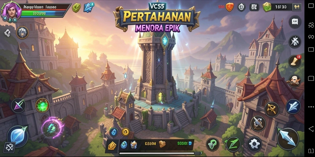Screenshot gameplay VC55 yang menunjukkan pertahanan menara yang strategis.